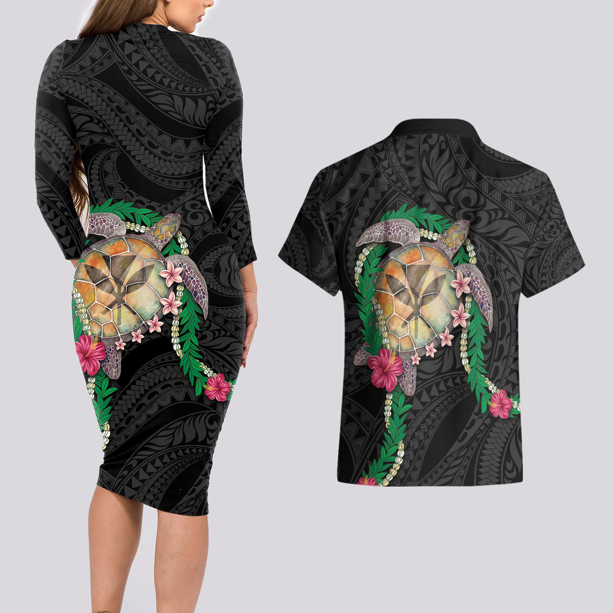 Hawaii Pikake and Maile Lei Couples Matching Long Sleeve Bodycon Dress and Hawaiian Shirt Honu Polynesian Pattern Black Color LT03 - Polynesian Pride