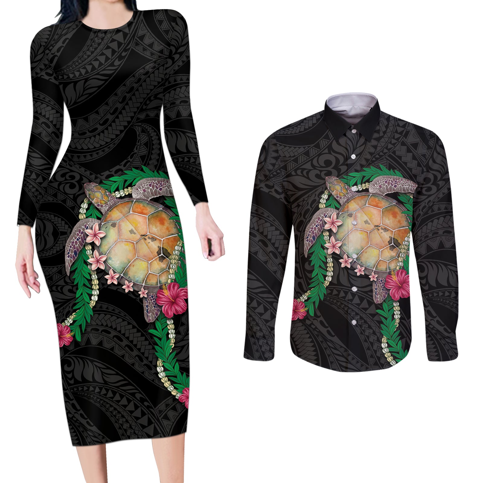 Hawaii Pikake and Maile Lei Couples Matching Long Sleeve Bodycon Dress and Long Sleeve Button Shirt Honu Polynesian Pattern Black Color LT03 Black - Polynesian Pride