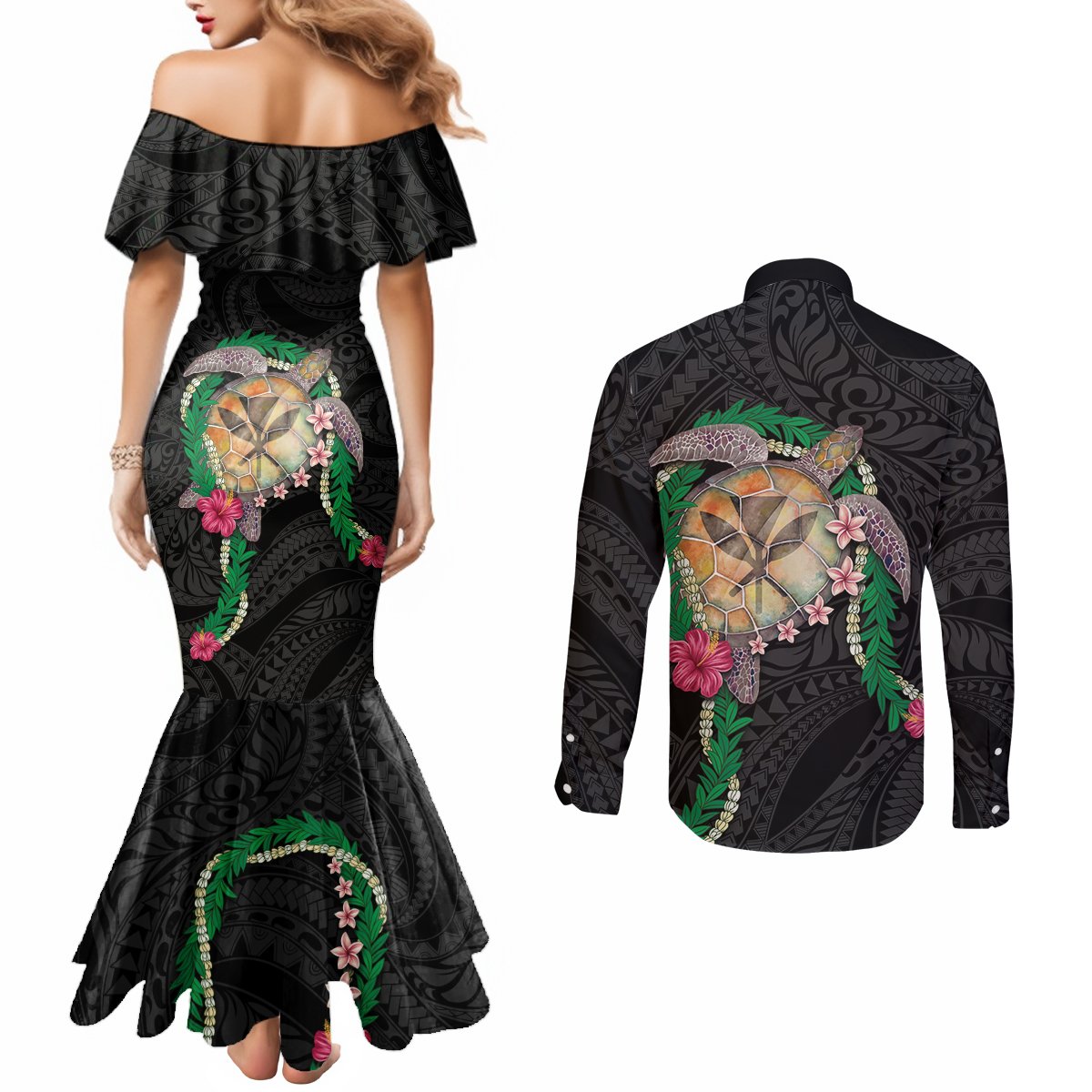 Hawaii Pikake and Maile Lei Couples Matching Mermaid Dress and Long Sleeve Button Shirt Honu Polynesian Pattern Black Color LT03 - Polynesian Pride