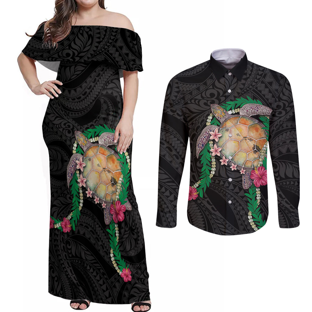 Hawaii Pikake and Maile Lei Couples Matching Off Shoulder Maxi Dress and Long Sleeve Button Shirt Honu Polynesian Pattern Black Color LT03 Black - Polynesian Pride