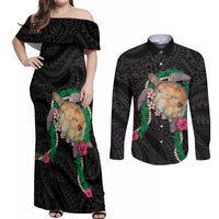 Hawaii Pikake and Maile Lei Couples Matching Off Shoulder Maxi Dress and Long Sleeve Button Shirt Honu Polynesian Pattern Black Color LT03 Black - Polynesian Pride
