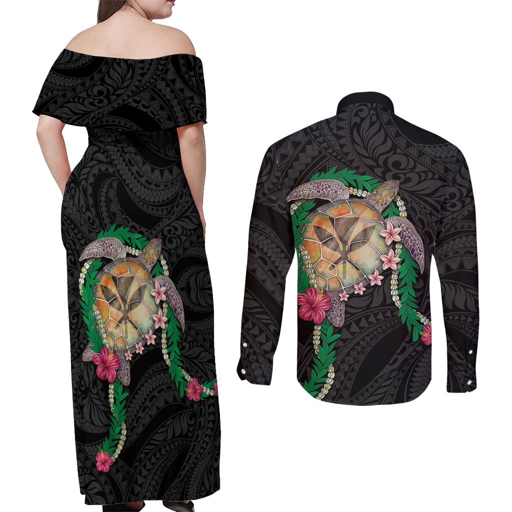 Hawaii Pikake and Maile Lei Couples Matching Off Shoulder Maxi Dress and Long Sleeve Button Shirt Honu Polynesian Pattern Black Color LT03 - Polynesian Pride