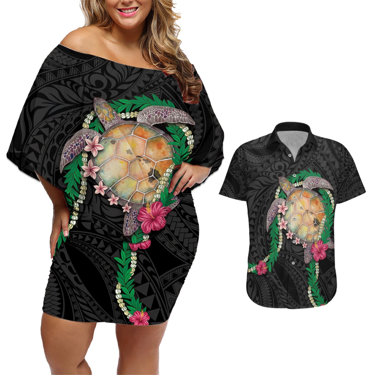 Hawaii Pikake and Maile Lei Couples Matching Off Shoulder Short Dress and Hawaiian Shirt Honu Polynesian Pattern Black Color LT03 Black - Polynesian Pride