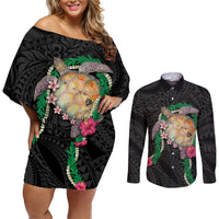 Hawaii Pikake and Maile Lei Couples Matching Off Shoulder Short Dress and Long Sleeve Button Shirt Honu Polynesian Pattern Black Color LT03 Black - Polynesian Pride