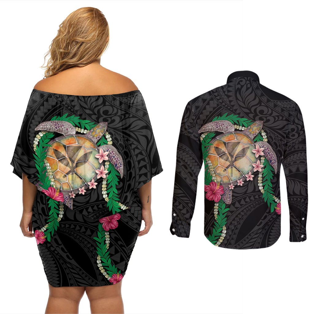Hawaii Pikake and Maile Lei Couples Matching Off Shoulder Short Dress and Long Sleeve Button Shirt Honu Polynesian Pattern Black Color LT03 - Polynesian Pride