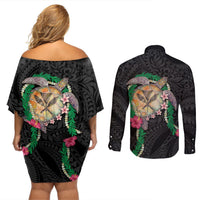 Hawaii Pikake and Maile Lei Couples Matching Off Shoulder Short Dress and Long Sleeve Button Shirt Honu Polynesian Pattern Black Color LT03 - Polynesian Pride
