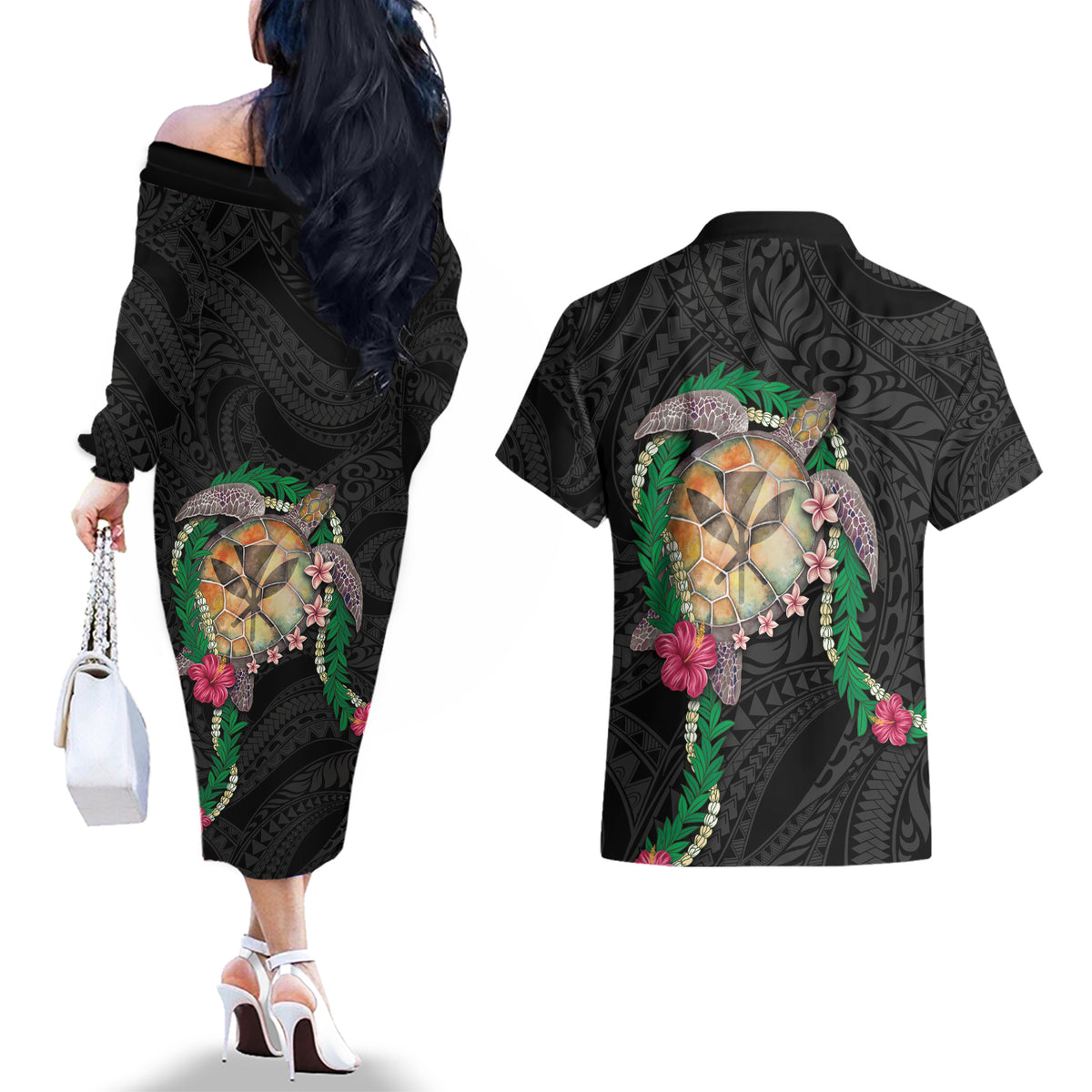 Hawaii Pikake and Maile Lei Couples Matching Off The Shoulder Long Sleeve Dress and Hawaiian Shirt Honu Polynesian Pattern Black Color LT03 - Polynesian Pride