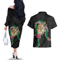 Hawaii Pikake and Maile Lei Couples Matching Off The Shoulder Long Sleeve Dress and Hawaiian Shirt Honu Polynesian Pattern Black Color LT03 - Polynesian Pride
