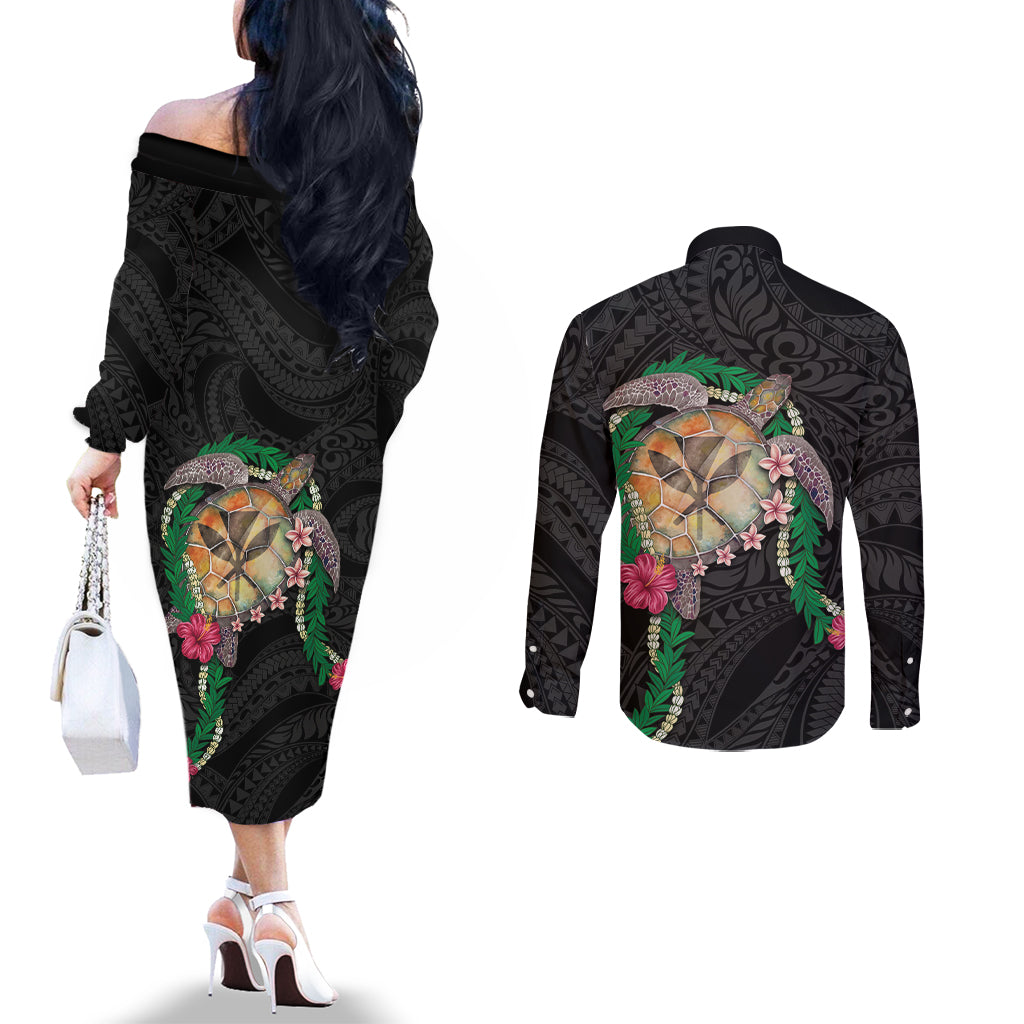 Hawaii Pikake and Maile Lei Couples Matching Off The Shoulder Long Sleeve Dress and Long Sleeve Button Shirt Honu Polynesian Pattern Black Color LT03 - Polynesian Pride