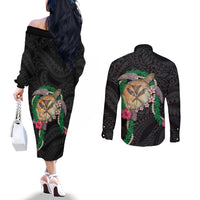Hawaii Pikake and Maile Lei Couples Matching Off The Shoulder Long Sleeve Dress and Long Sleeve Button Shirt Honu Polynesian Pattern Black Color LT03 - Polynesian Pride