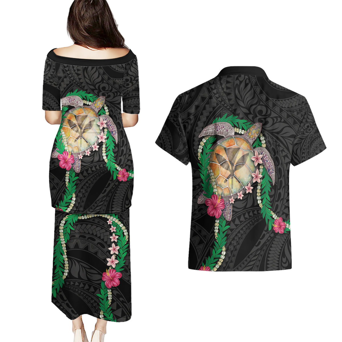 Hawaii Pikake and Maile Lei Couples Matching Puletasi and Hawaiian Shirt Honu Polynesian Pattern Black Color LT03 - Polynesian Pride