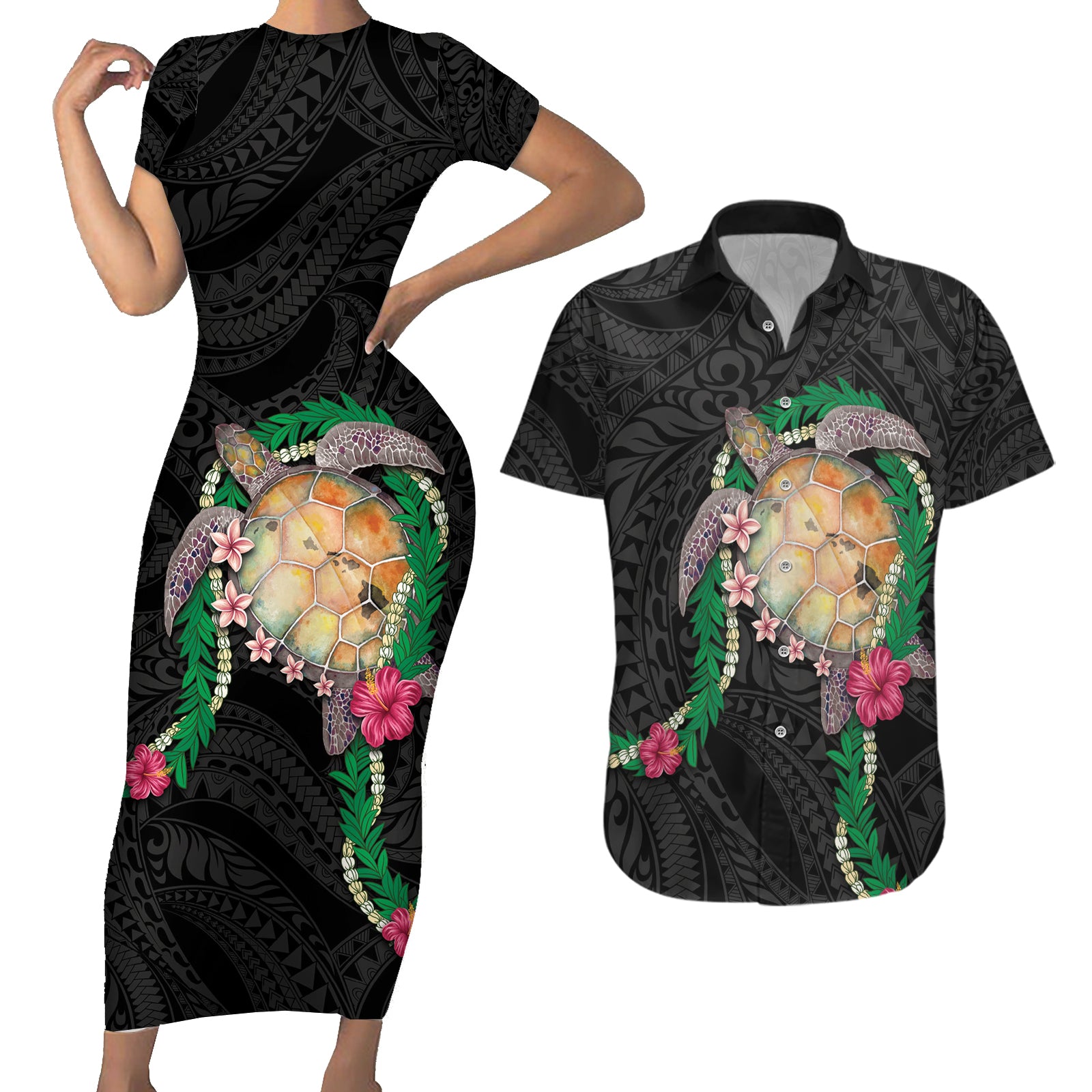 Hawaii Pikake and Maile Lei Couples Matching Short Sleeve Bodycon Dress and Hawaiian Shirt Honu Polynesian Pattern Black Color LT03 Black - Polynesian Pride