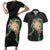 Hawaii Pikake and Maile Lei Couples Matching Short Sleeve Bodycon Dress and Hawaiian Shirt Honu Polynesian Pattern Black Color