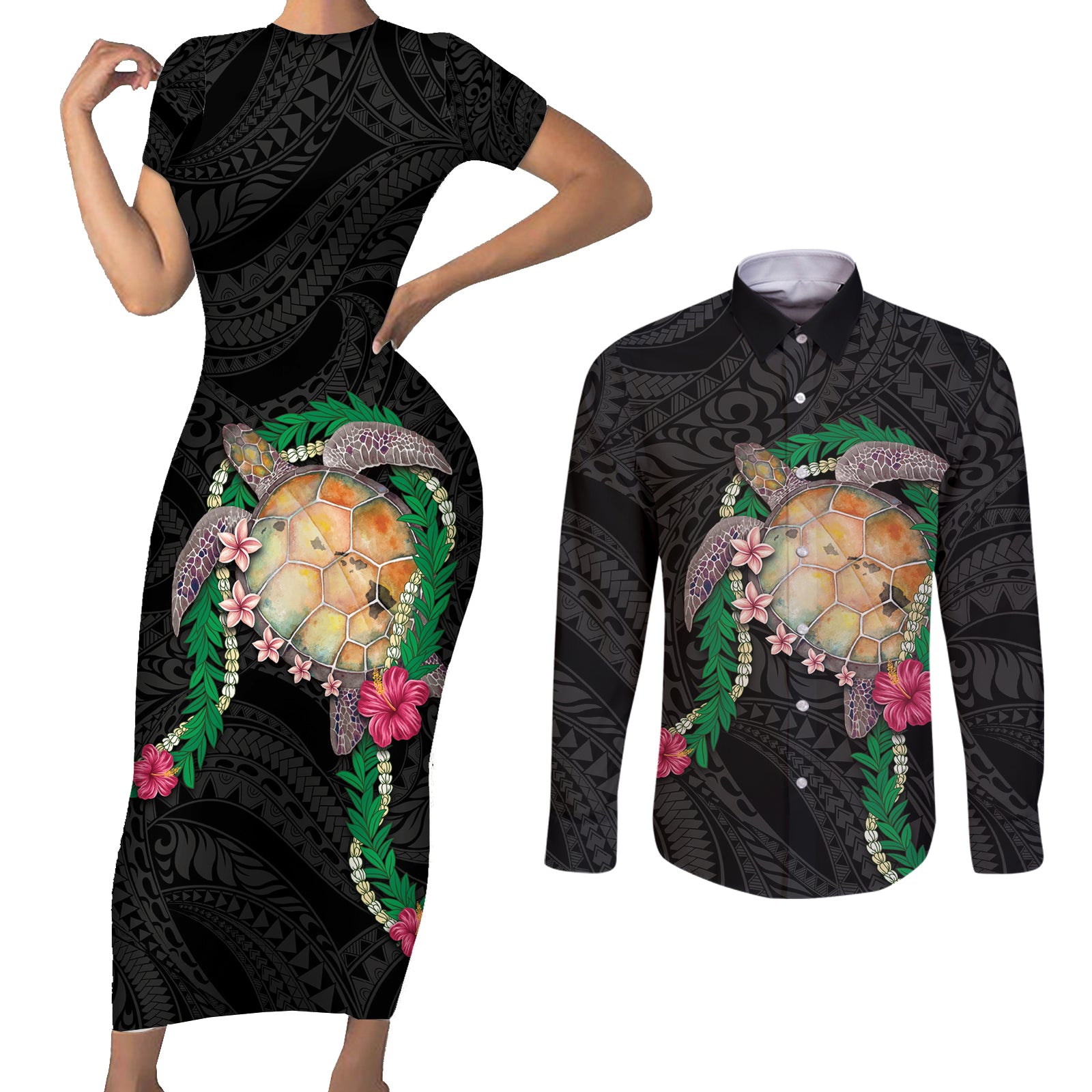 Hawaii Pikake and Maile Lei Couples Matching Short Sleeve Bodycon Dress and Long Sleeve Button Shirt Honu Polynesian Pattern Black Color LT03 Black - Polynesian Pride