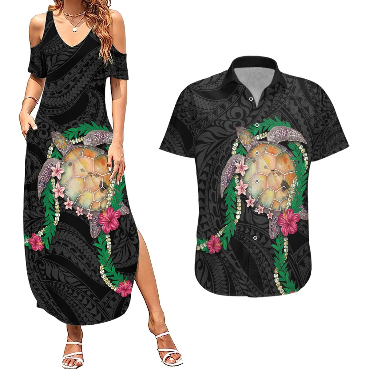 Hawaii Pikake and Maile Lei Couples Matching Summer Maxi Dress and Hawaiian Shirt Honu Polynesian Pattern Black Color LT03 Black - Polynesian Pride