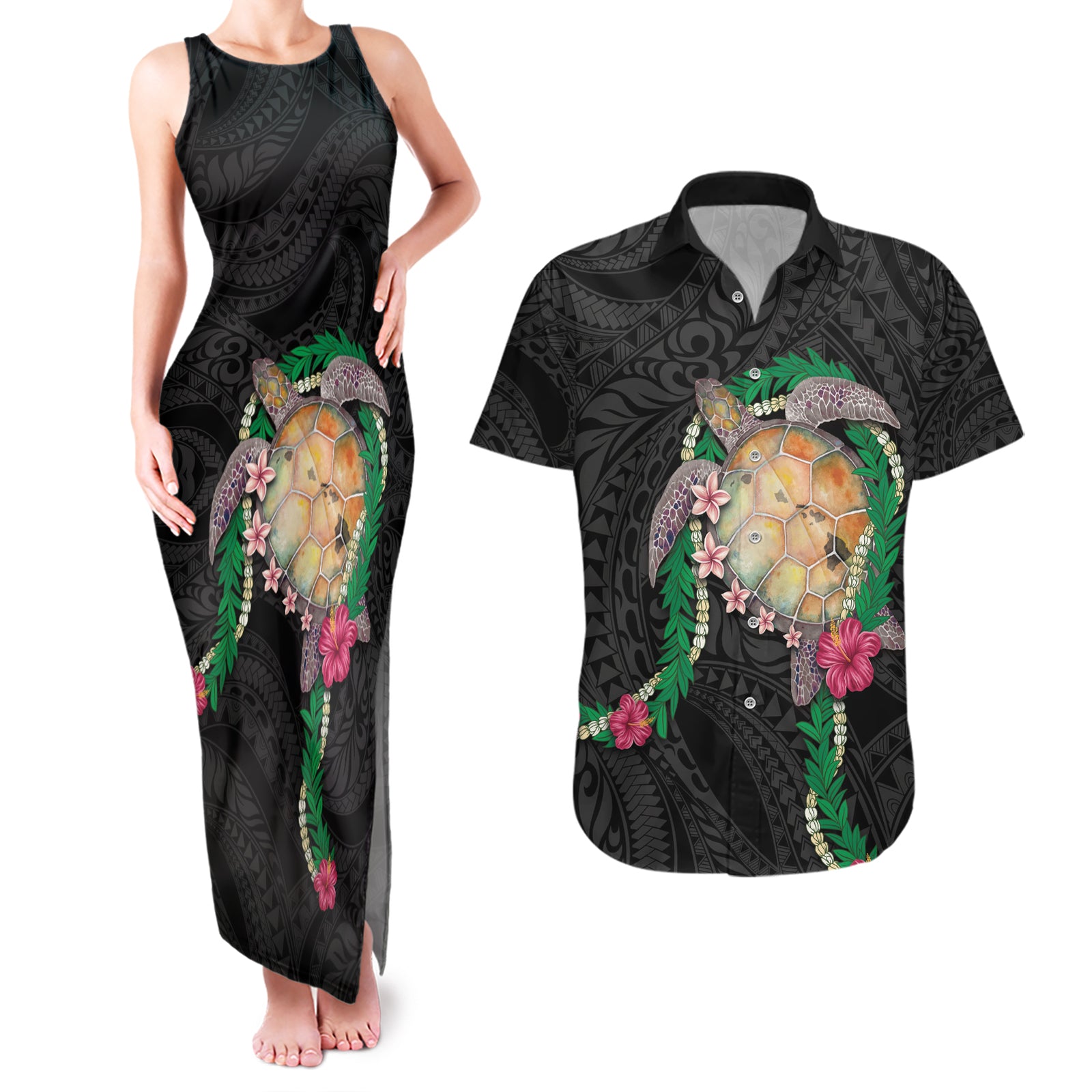 Hawaii Pikake and Maile Lei Couples Matching Tank Maxi Dress and Hawaiian Shirt Honu Polynesian Pattern Black Color LT03 Black - Polynesian Pride