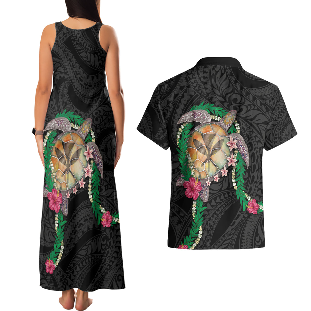 Hawaii Pikake and Maile Lei Couples Matching Tank Maxi Dress and Hawaiian Shirt Honu Polynesian Pattern Black Color LT03 - Polynesian Pride