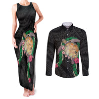 Hawaii Pikake and Maile Lei Couples Matching Tank Maxi Dress and Long Sleeve Button Shirt Honu Polynesian Pattern Black Color LT03 Black - Polynesian Pride