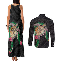Hawaii Pikake and Maile Lei Couples Matching Tank Maxi Dress and Long Sleeve Button Shirt Honu Polynesian Pattern Black Color LT03 - Polynesian Pride