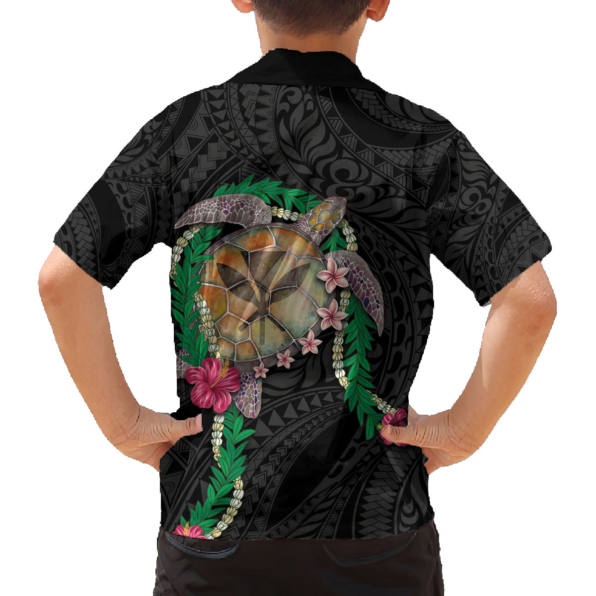 Hawaii Pikake and Maile Lei Family Matching Long Sleeve Bodycon Dress and Hawaiian Shirt Honu Polynesian Pattern Black Color LT03 - Polynesian Pride