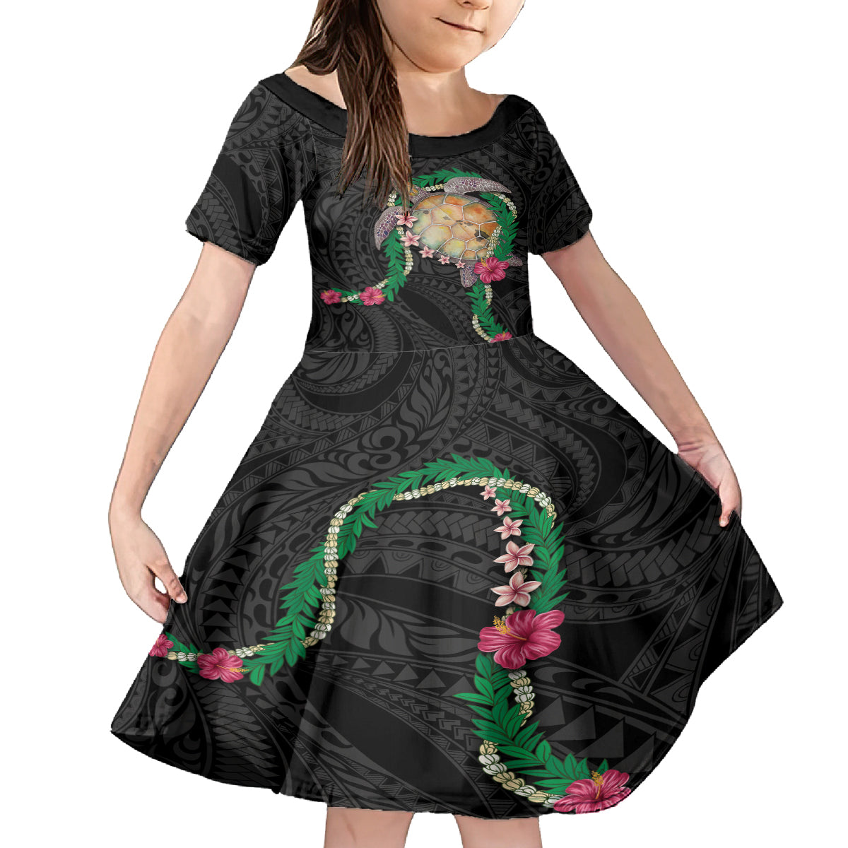 Hawaii Pikake and Maile Lei Family Matching Long Sleeve Bodycon Dress and Hawaiian Shirt Honu Polynesian Pattern Black Color LT03 Daughter's Dress Black - Polynesian Pride