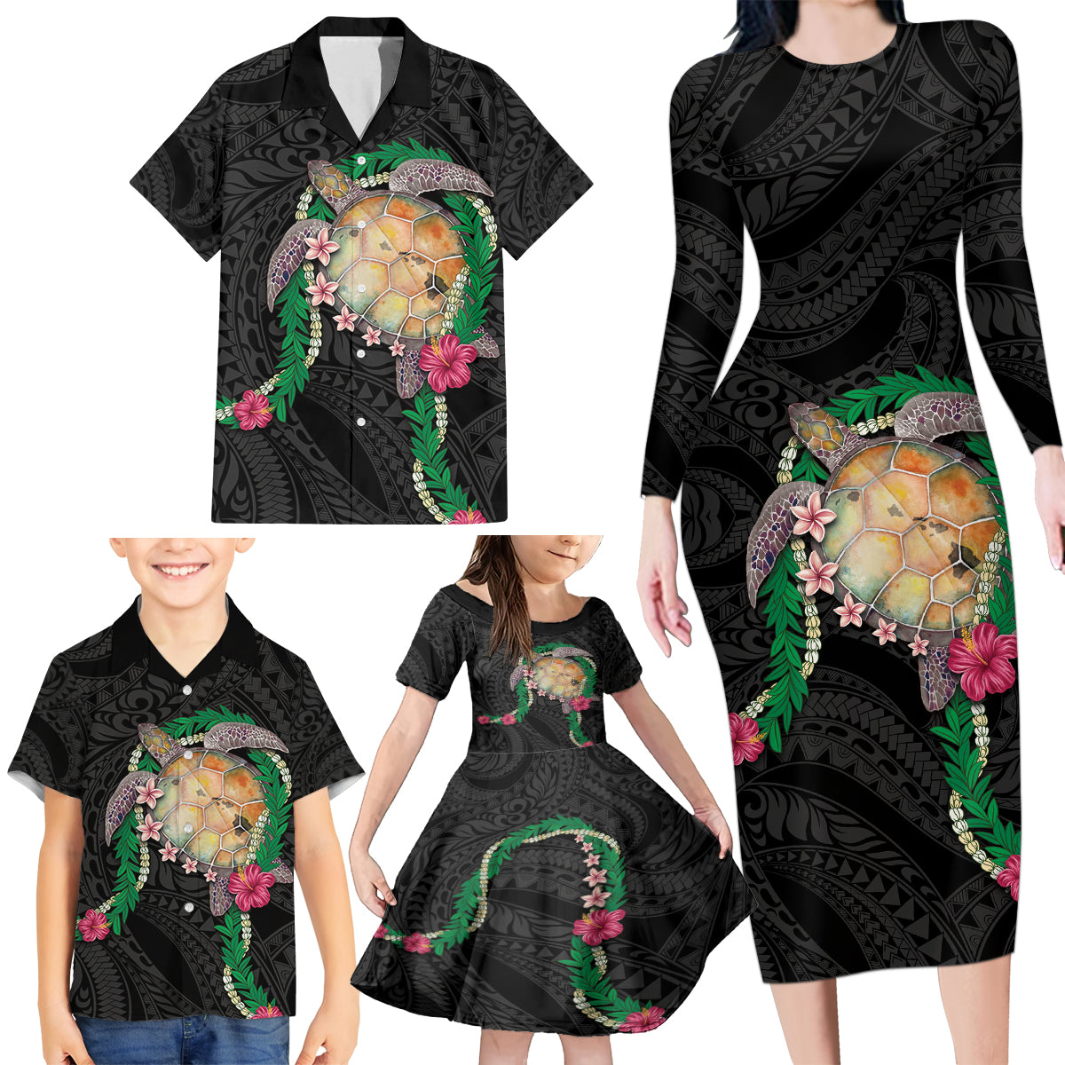 Hawaii Pikake and Maile Lei Family Matching Long Sleeve Bodycon Dress and Hawaiian Shirt Honu Polynesian Pattern Black Color