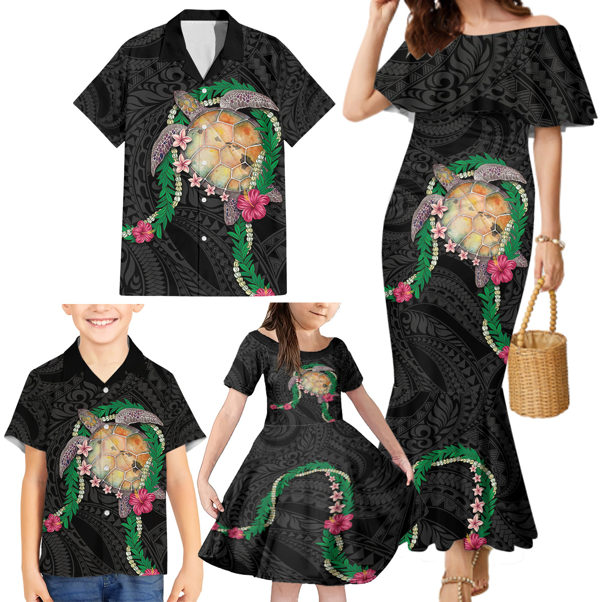 Hawaii Pikake and Maile Lei Family Matching Mermaid Dress and Hawaiian Shirt Honu Polynesian Pattern Black Color