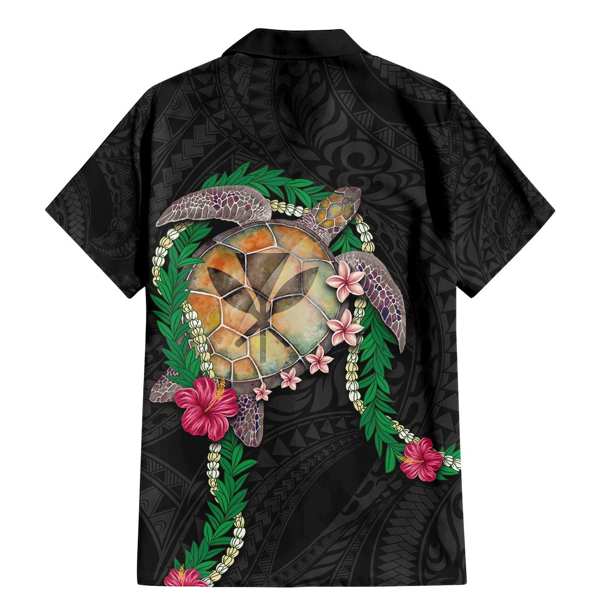 Hawaii Pikake and Maile Lei Family Matching Mermaid Dress and Hawaiian Shirt Honu Polynesian Pattern Black Color