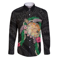 Hawaii Pikake and Maile Lei Family Matching Off The Shoulder Long Sleeve Dress and Hawaiian Shirt Honu Polynesian Pattern Black Color