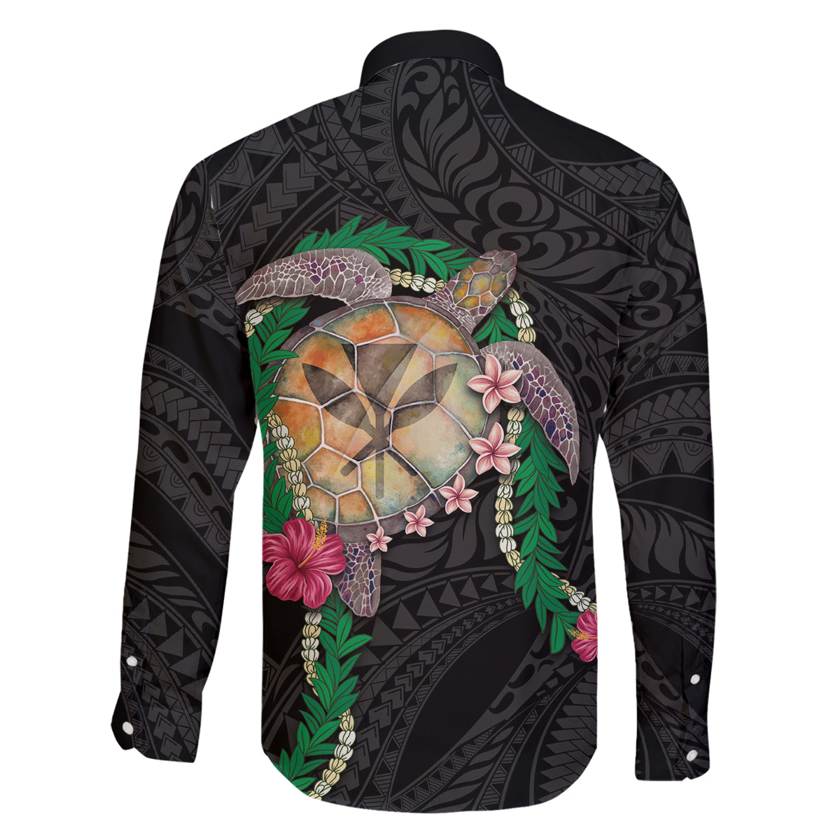 Hawaii Pikake and Maile Lei Family Matching Off The Shoulder Long Sleeve Dress and Hawaiian Shirt Honu Polynesian Pattern Black Color