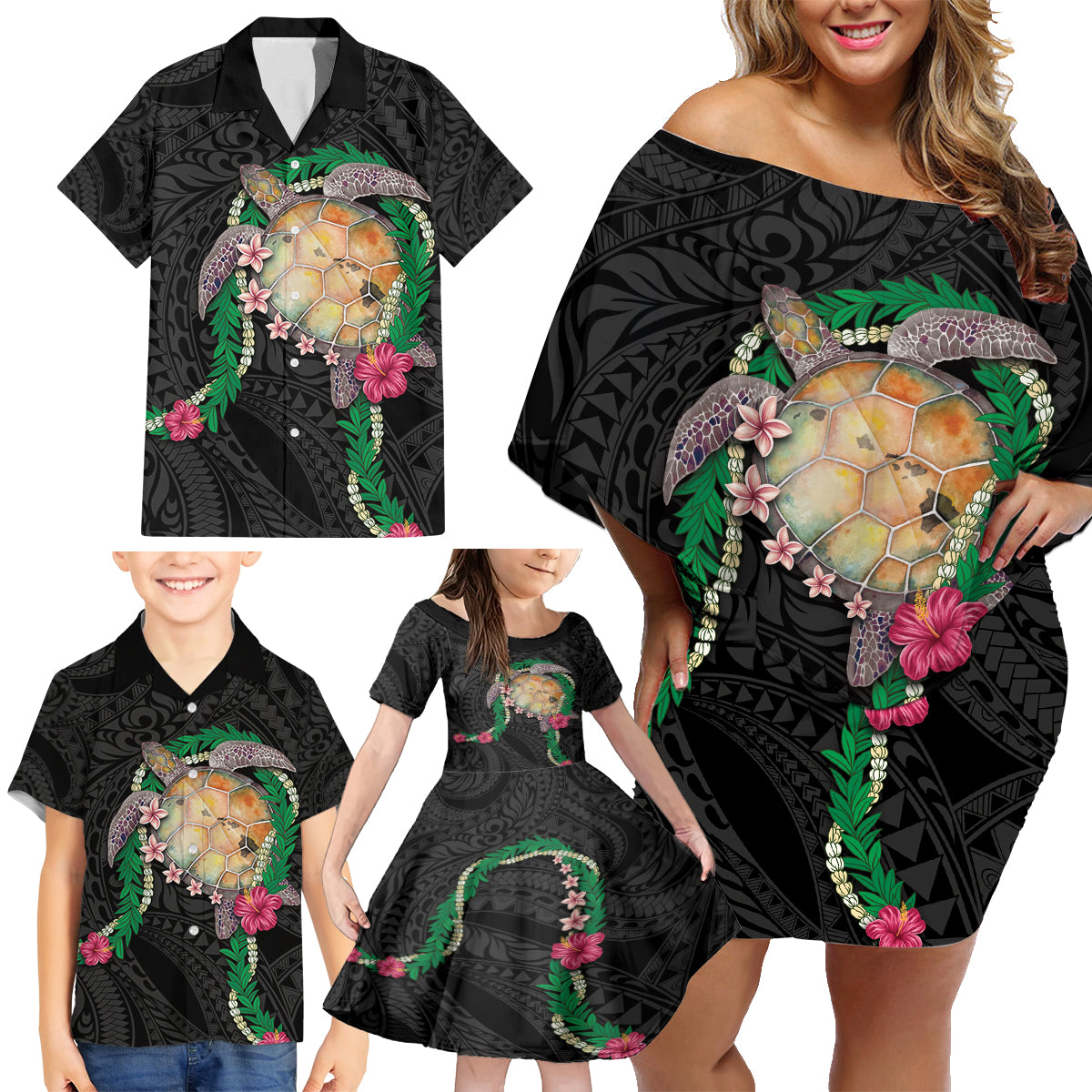 Hawaii Pikake and Maile Lei Family Matching Off Shoulder Short Dress and Hawaiian Shirt Honu Polynesian Pattern Black Color