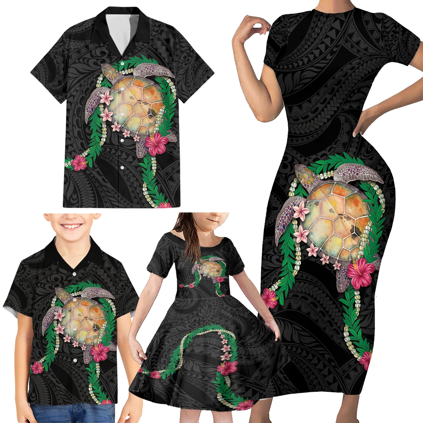 Hawaii Pikake and Maile Lei Family Matching Short Sleeve Bodycon Dress and Hawaiian Shirt Honu Polynesian Pattern Black Color