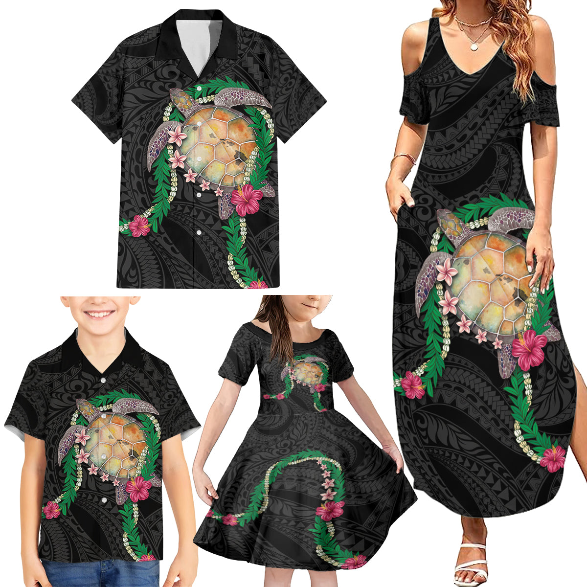 Hawaii Pikake and Maile Lei Family Matching Summer Maxi Dress and Hawaiian Shirt Honu Polynesian Pattern Black Color