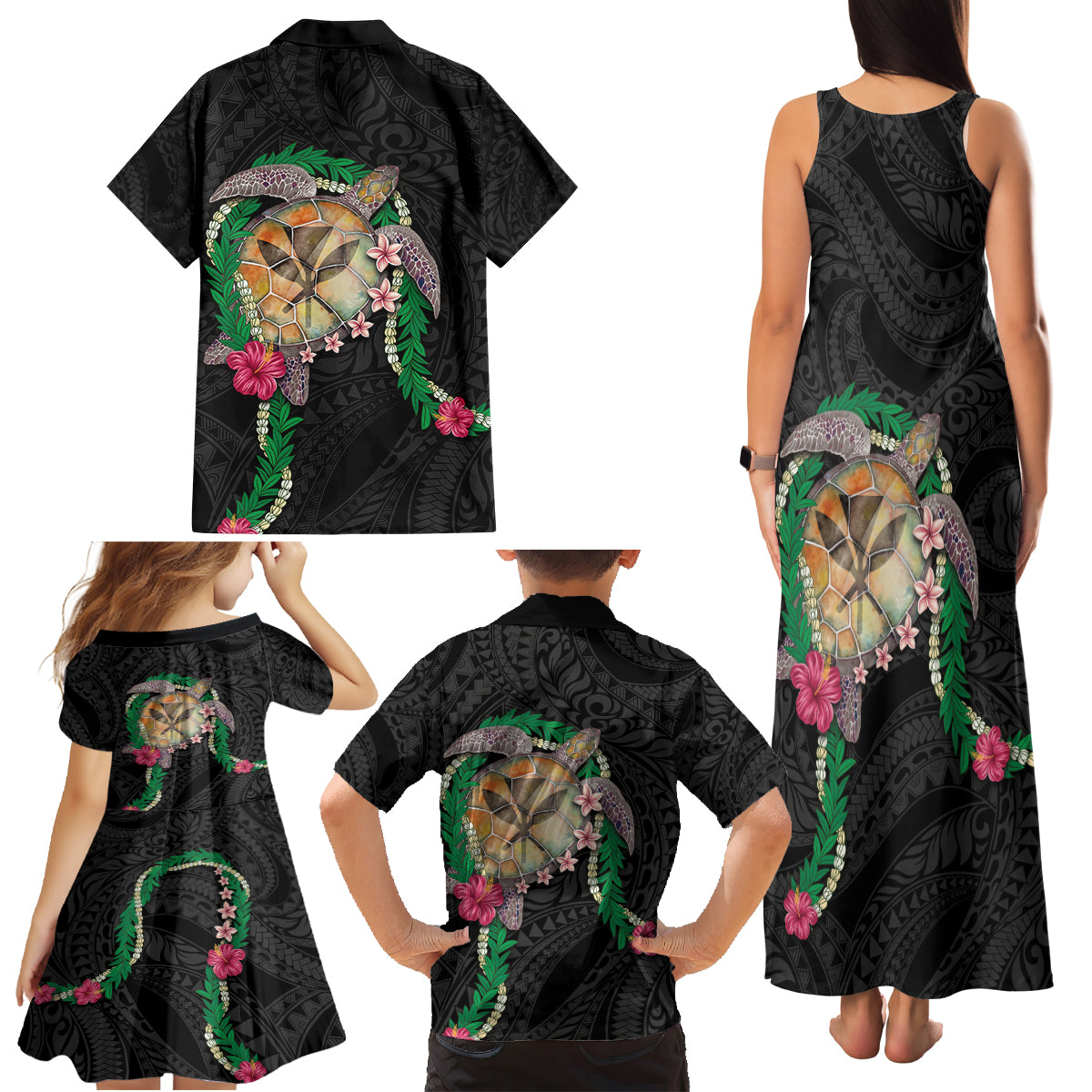 Hawaii Pikake and Maile Lei Family Matching Tank Maxi Dress and Hawaiian Shirt Honu Polynesian Pattern Black Color LT03 - Polynesian Pride