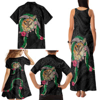 Hawaii Pikake and Maile Lei Family Matching Tank Maxi Dress and Hawaiian Shirt Honu Polynesian Pattern Black Color LT03 - Polynesian Pride