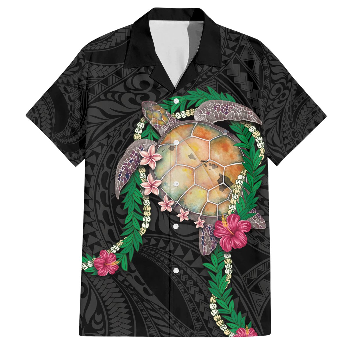 Hawaii Pikake and Maile Lei Hawaiian Shirt Honu Polynesian Pattern Black Color LT03 Black - Polynesian Pride