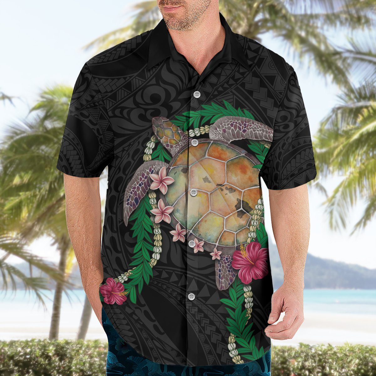 Hawaii Pikake and Maile Lei Hawaiian Shirt Honu Polynesian Pattern Black Color LT03 - Polynesian Pride