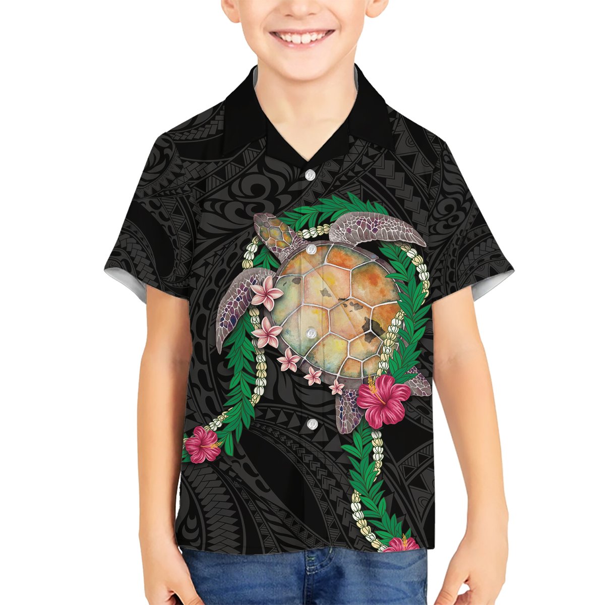 Hawaii Pikake and Maile Lei Hawaiian Shirt Honu Polynesian Pattern Black Color LT03 - Polynesian Pride