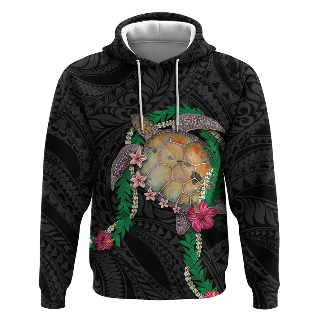 Hawaii Pikake and Maile Lei Hoodie Honu Polynesian Pattern Black Color