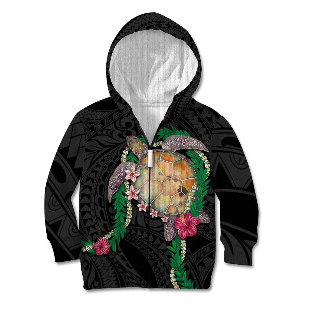 Hawaii Pikake and Maile Lei Kid Hoodie Honu Polynesian Pattern Black Color