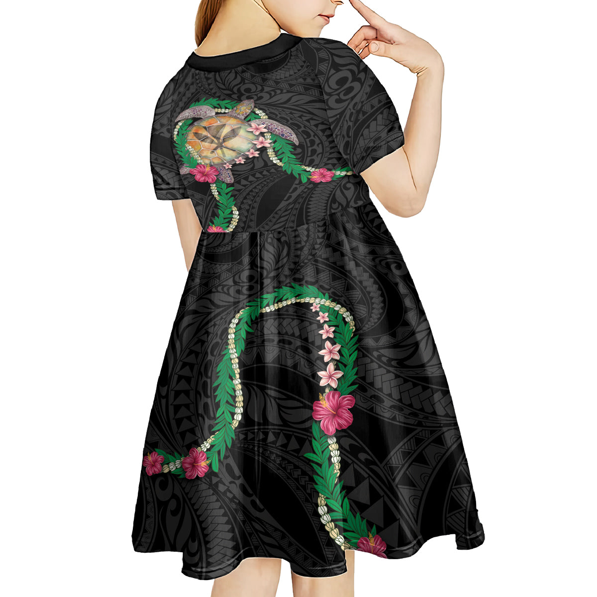 Hawaii Pikake and Maile Lei Kid Short Sleeve Dress Honu Polynesian Pattern Black Color LT03 - Polynesian Pride