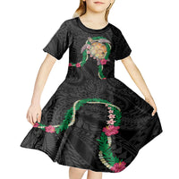 Hawaii Pikake and Maile Lei Kid Short Sleeve Dress Honu Polynesian Pattern Black Color LT03 - Polynesian Pride