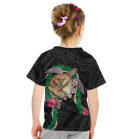 Hawaii Pikake and Maile Lei Kid T Shirt Honu Polynesian Pattern Black Color