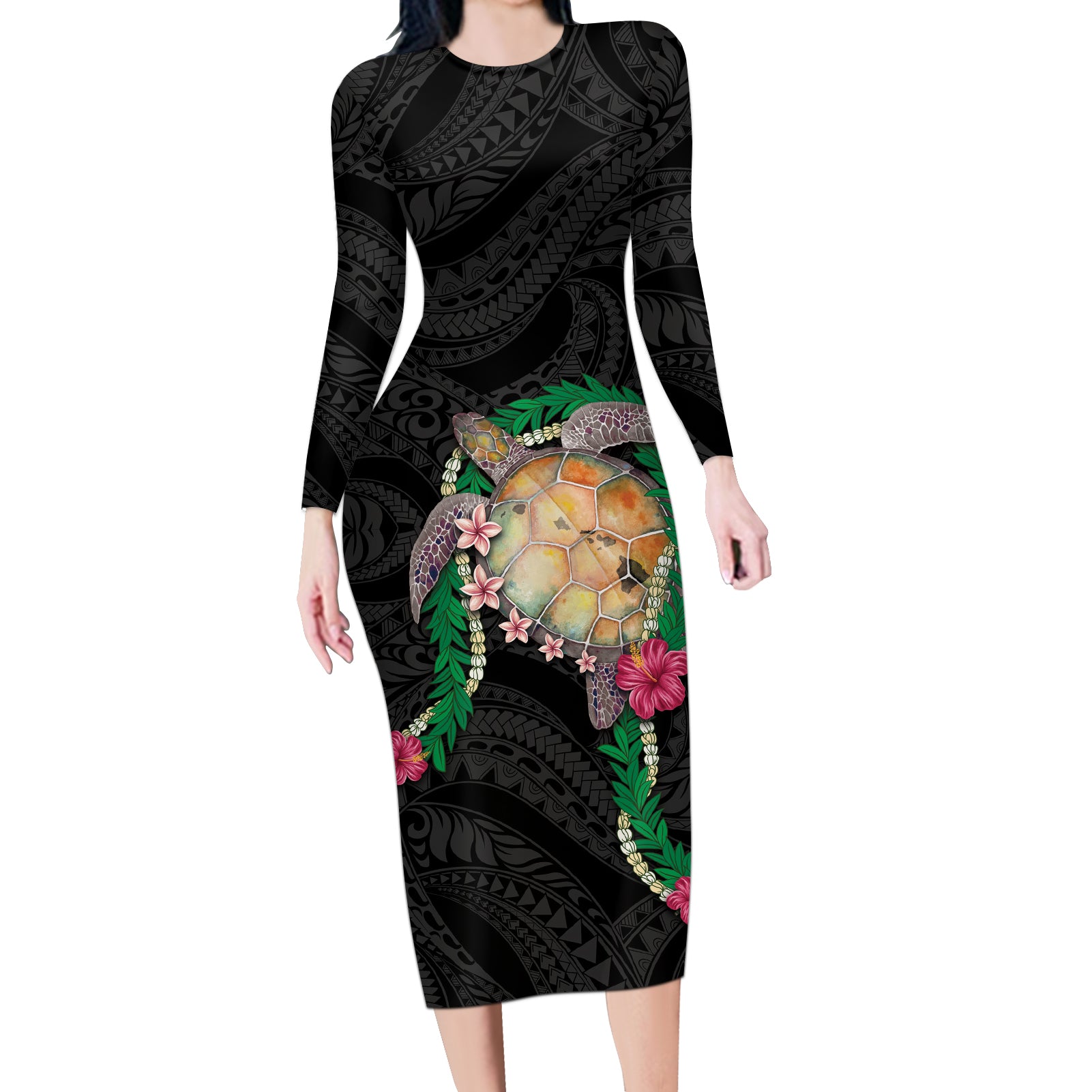 Hawaii Pikake and Maile Lei Long Sleeve Bodycon Dress Honu Polynesian Pattern Black Color