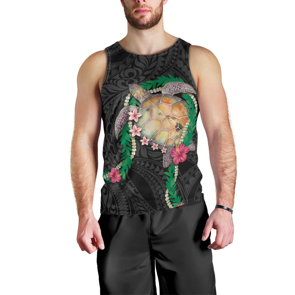 Hawaii Pikake and Maile Lei Men Tank Top Honu Polynesian Pattern Black Color LT03 - Polynesian Pride