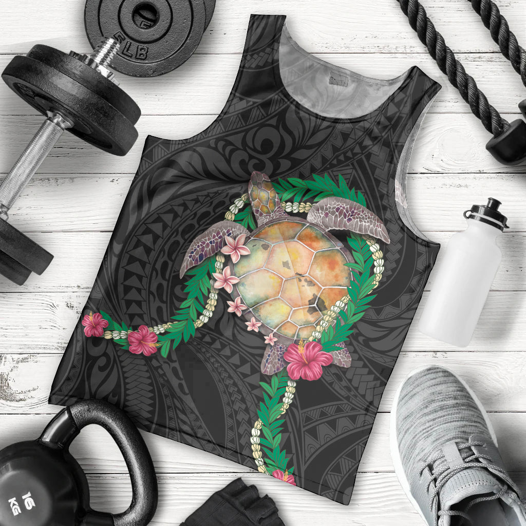 Hawaii Pikake and Maile Lei Men Tank Top Honu Polynesian Pattern Black Color LT03 - Polynesian Pride