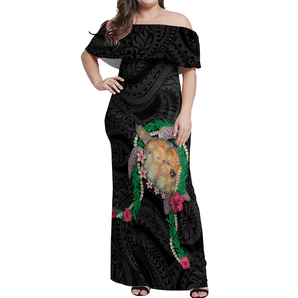 Hawaii Pikake and Maile Lei Off Shoulder Maxi Dress Honu Polynesian Pattern Black Color LT03 Women Black - Polynesian Pride