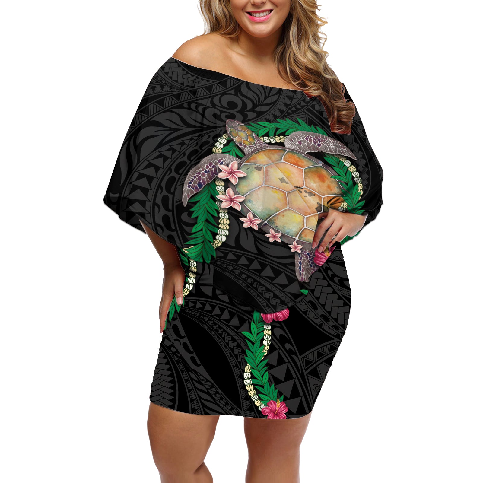 Hawaii Pikake and Maile Lei Off Shoulder Short Dress Honu Polynesian Pattern Black Color