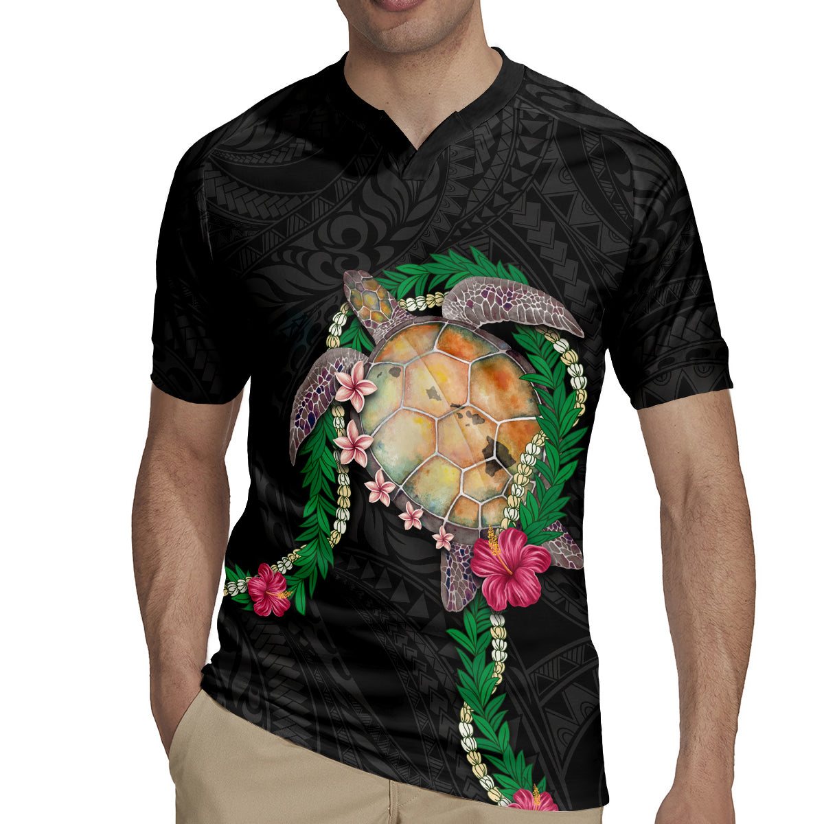 Hawaii Pikake and Maile Lei Rugby Jersey Honu Polynesian Pattern Black Color