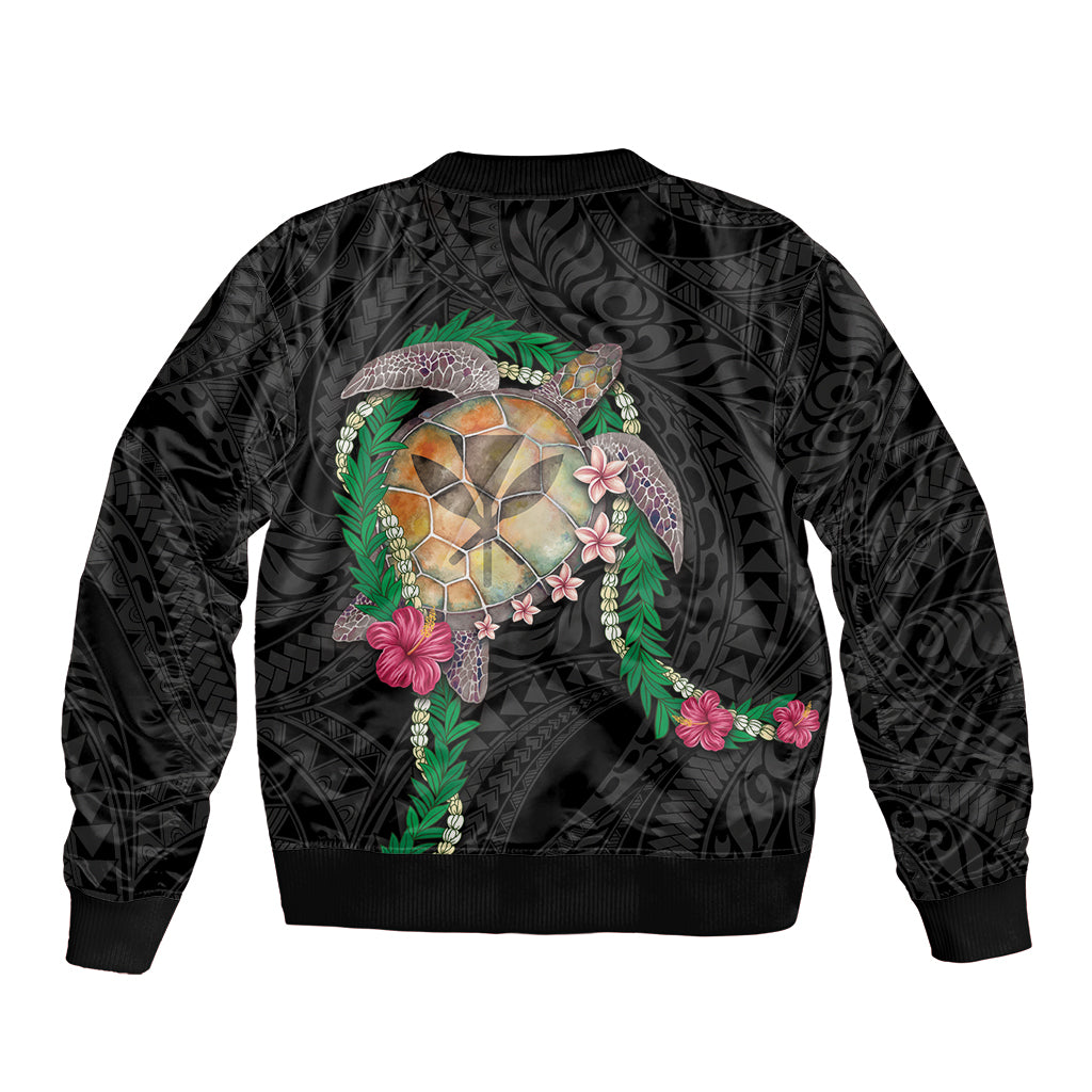 Hawaii Pikake and Maile Lei Sleeve Zip Bomber Jacket Honu Polynesian Pattern Black Color LT03 - Polynesian Pride